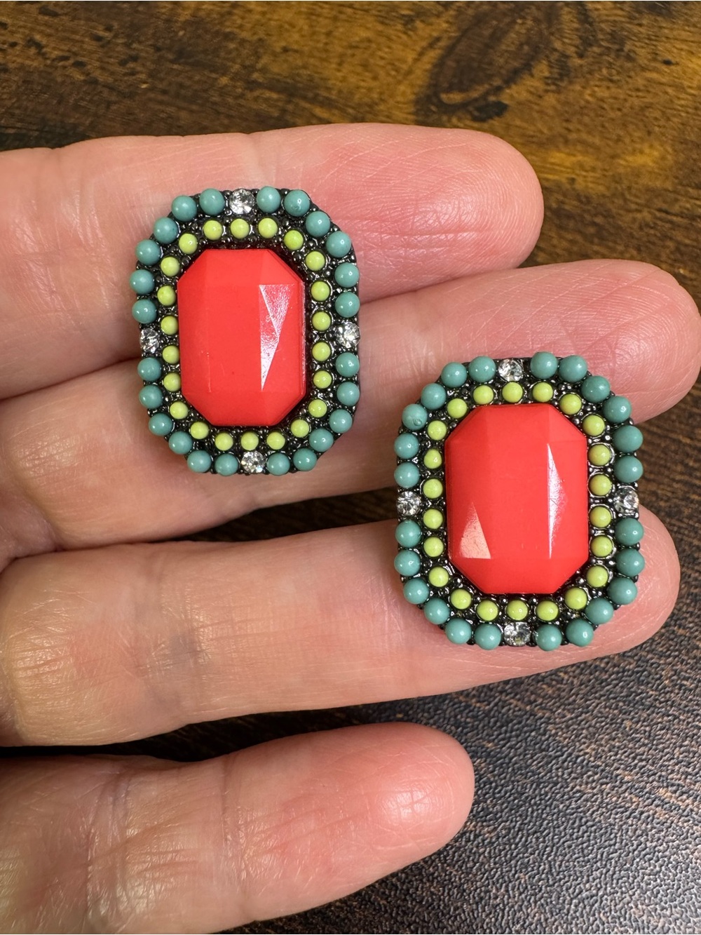Coral Red & Aqua Beaded Oval Statement Clip-On Earrings